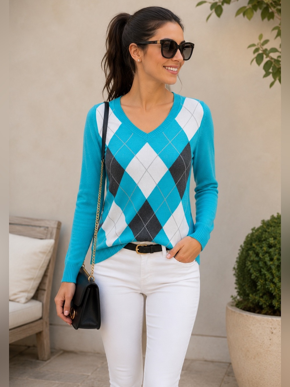 Izod Argyle V-Neck Sweater NWT Small Petite